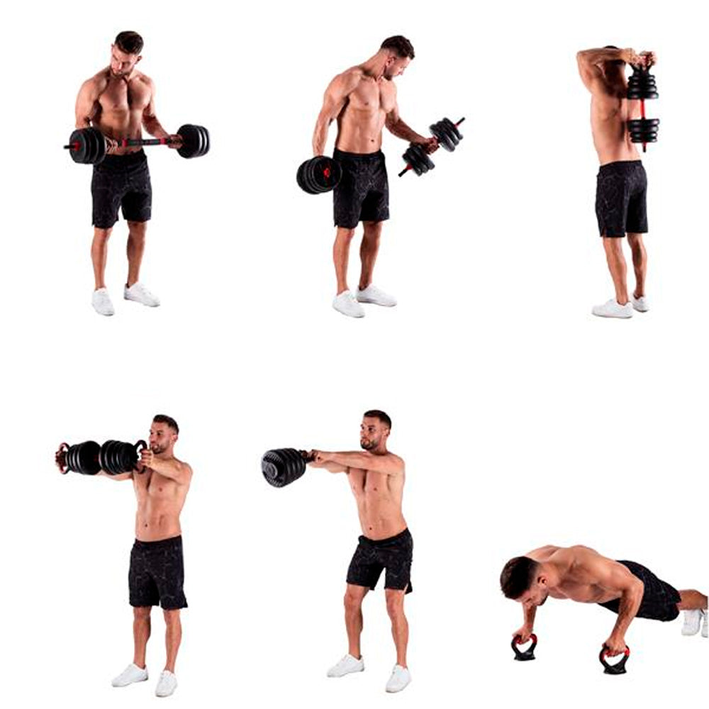 6-i-1 Træningssæt 30 kg (Håndvægte, Vægtstang & Kettlebell)