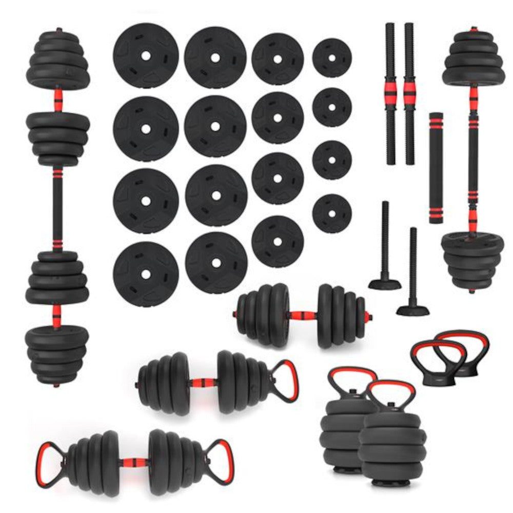 6-i-1 Træningssæt 30 kg (Håndvægte, Vægtstang & Kettlebell)