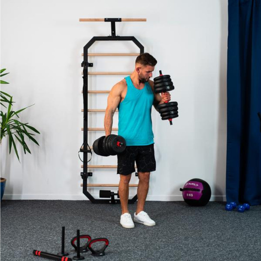 6-i-1 Træningssæt 30 kg (Håndvægte, Vægtstang & Kettlebell)