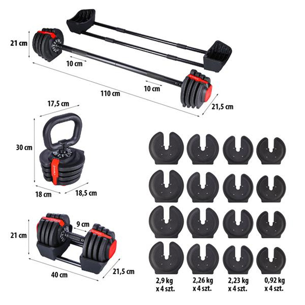 3-i-1 Træningssæt 40 kg (Håndvægte, Vægtstang & Kettlebell)